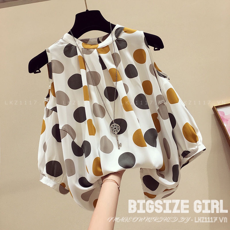 Áo sơ mi nữ tay ngắn Bigsize Áo sơ mi voan form rộng cổ tròn hở vai chấm bi mùa hè Phong cách Hàn Quốc Thời Trang đẹp
