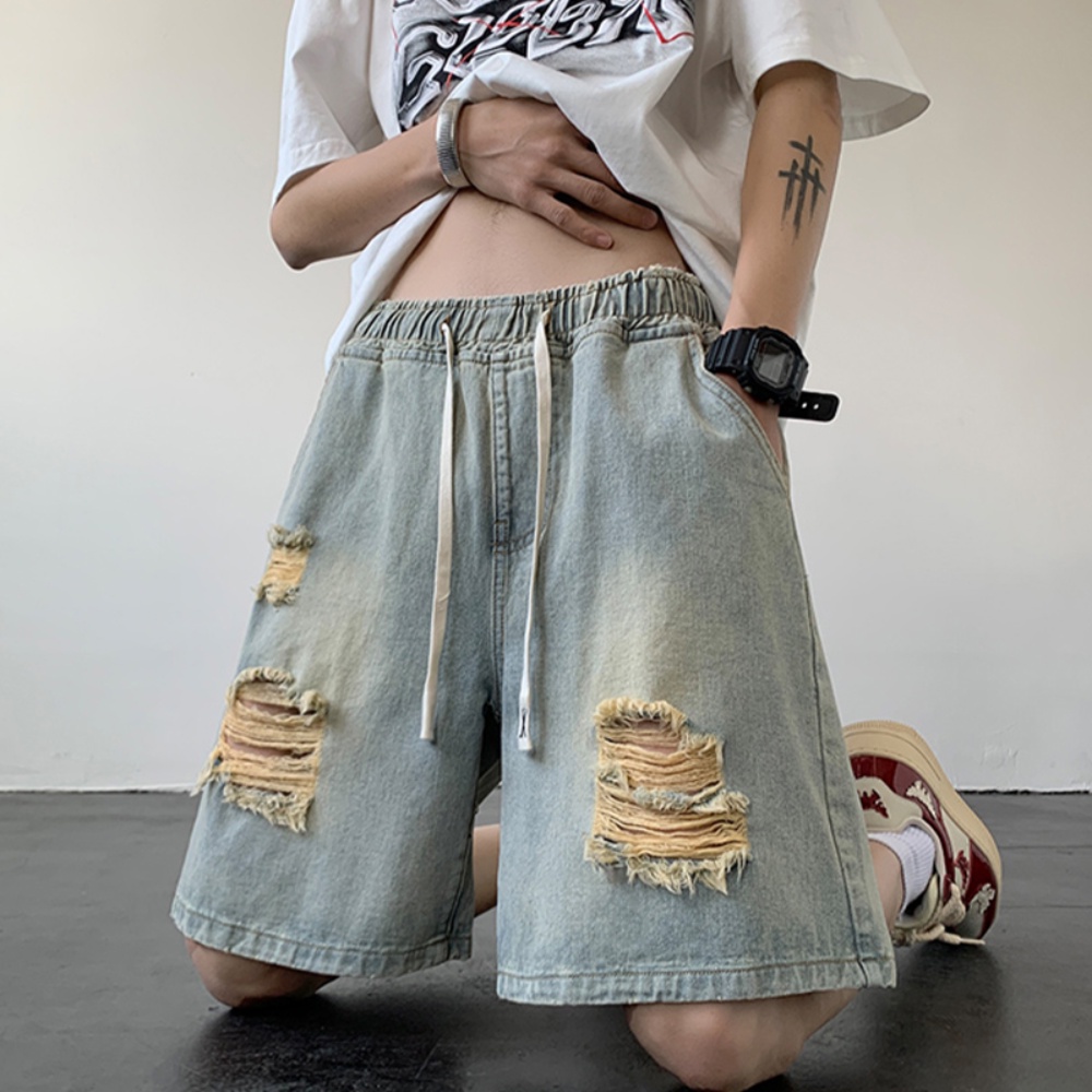 Quần Short Denim Mỏng Dáng Rộng Rách Cá Tính Phong Cách Retro Đường Phố Mỹ Cho Nam