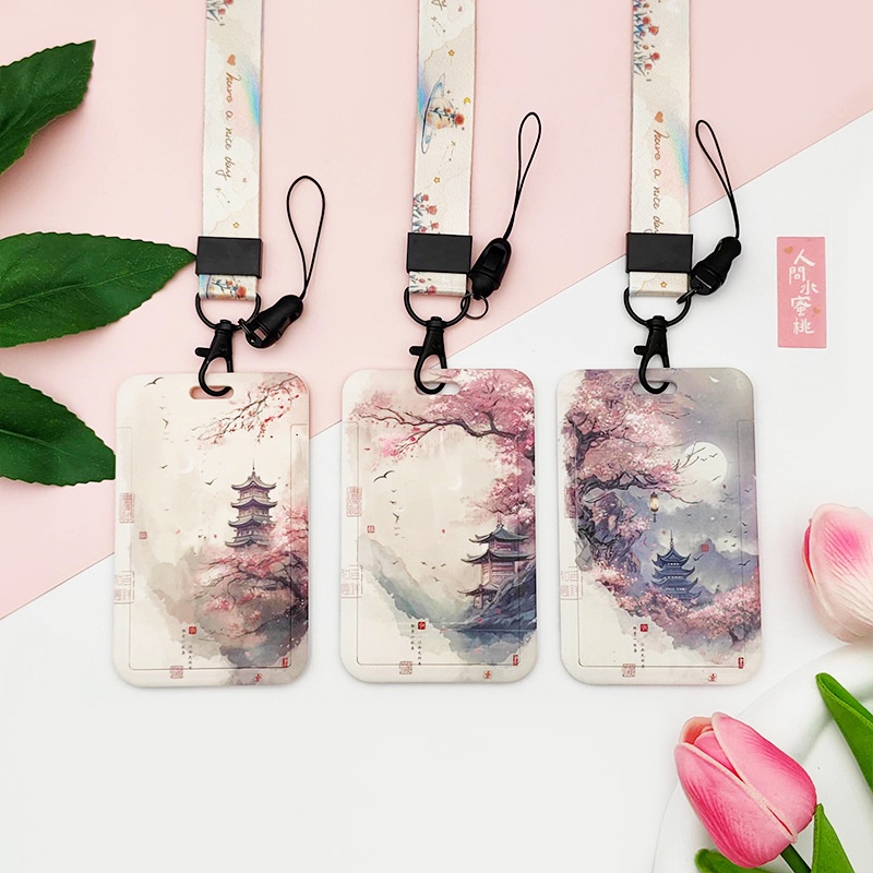 Giá Đỡ Thẻ ID / Thẻ ID Họa Tiết Tranh Sơn Dầu Phong Cách Trung Hoa Độc Đáo Kèm Móc Khóa / Dây Đeo Tiện Dụng Cho Học Sinh