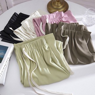  Quần dài nữ quần tây lưng cao Bigsize Quần ống rộng suông cạp chun lưng thun ống đứng lụa lạnh mỏng trơn mùa hè Phong cách Hàn Quốc Thời Trang đẹp 