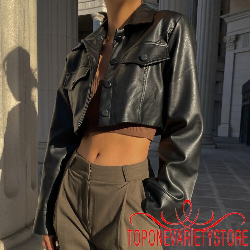 Áo Khoác Da Croptop Tay Dài Màu Trơn Cài Nút Thời Trang Cho Nữ