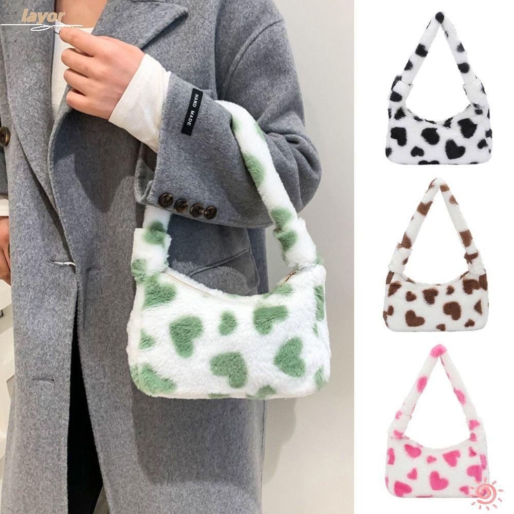 LAY Túi Tote Đeo Vai Phủ Lông Họa Tiết Trái Tim Thời Trang