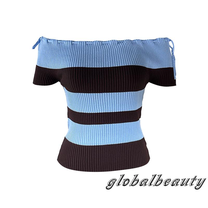 Áo Croptop Dệt Kim Trễ Vai Tay Ngắn Họa Tiết Kẻ Sọc Thời Trang Mùa Hè Cho Nữ