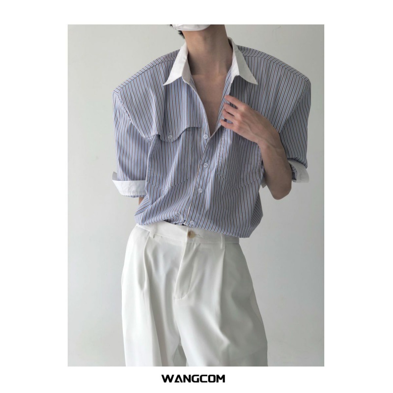 Áo Sơ Mi Tay Ngắn Dáng Rộng Kẻ Sọc Màu Sắc Tương Phản Thời Trang Mùa Hè Cho Nam