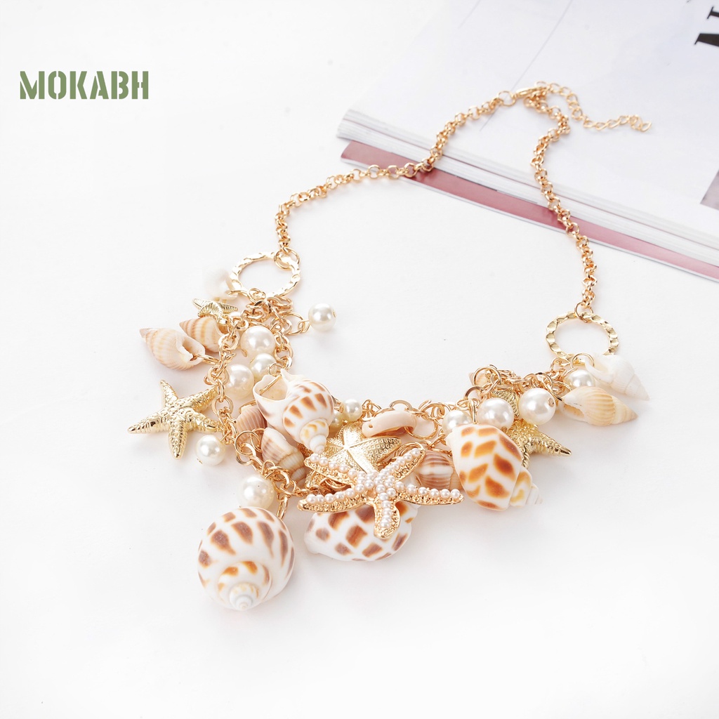 [Mok Abh] Vòng Cổ Nhiều Lớp Họa Tiết Hình Vỏ Sò Và Sao Biển Đính Ngọc Trai Nhân Tạo