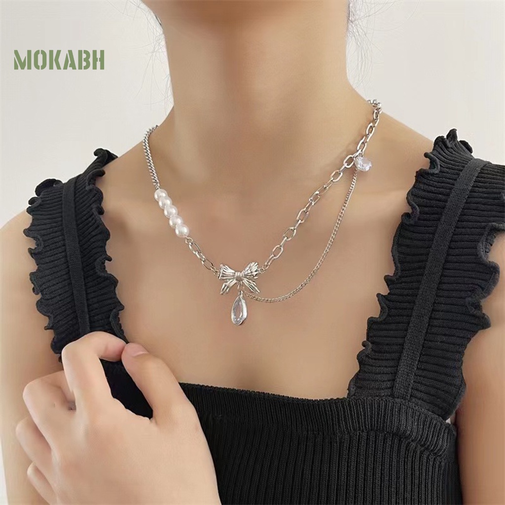 [Mok Abh] Vòng cổ Mặt Hình Nơ Đính Ngọc Trai Giả Thanh Lịch Sáng Bóng Hình Giọt Nước Trang Trí Cho Nữ