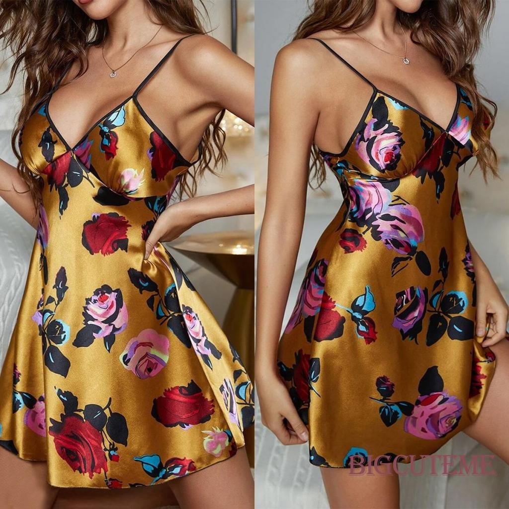 [] - Đầm Ngủ Không Tay Cổ Chữ V Hở Lưng Màu Sắc Tương Phản Mùa Hè Cho Nữ