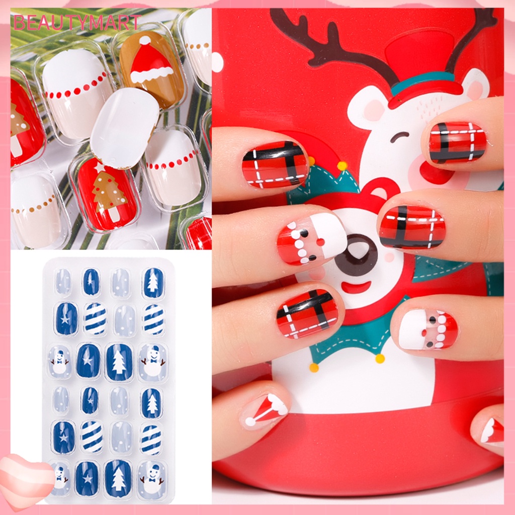 Hộp 24 Móng Tay Giả Tự Dính Siêu Mỏng Họa Tiết Hoạt Hình Giáng Sinh Có Thể Tháo Rời Cho Nữ