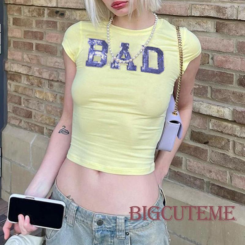 Áo Thun Lửng Ngắn Tay Cổ Tròn In Chữ Thời Trang Nữ Tính
