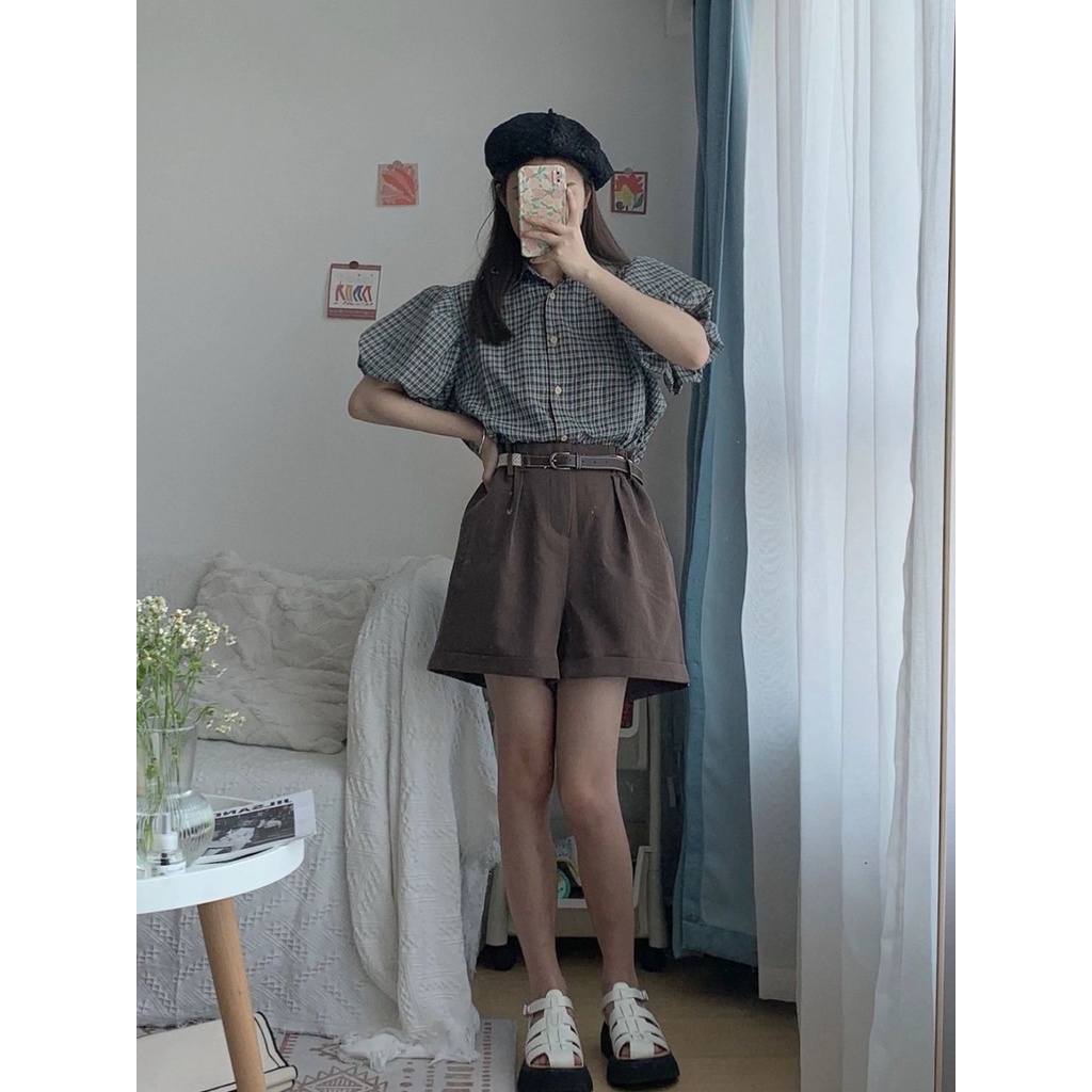 Set Áo Sơ Mi Tay Phồng Kẻ Sọc Caro + Quần Dài Lưng Cao Ống Rộng Phong Cách Retro Cho Nữ