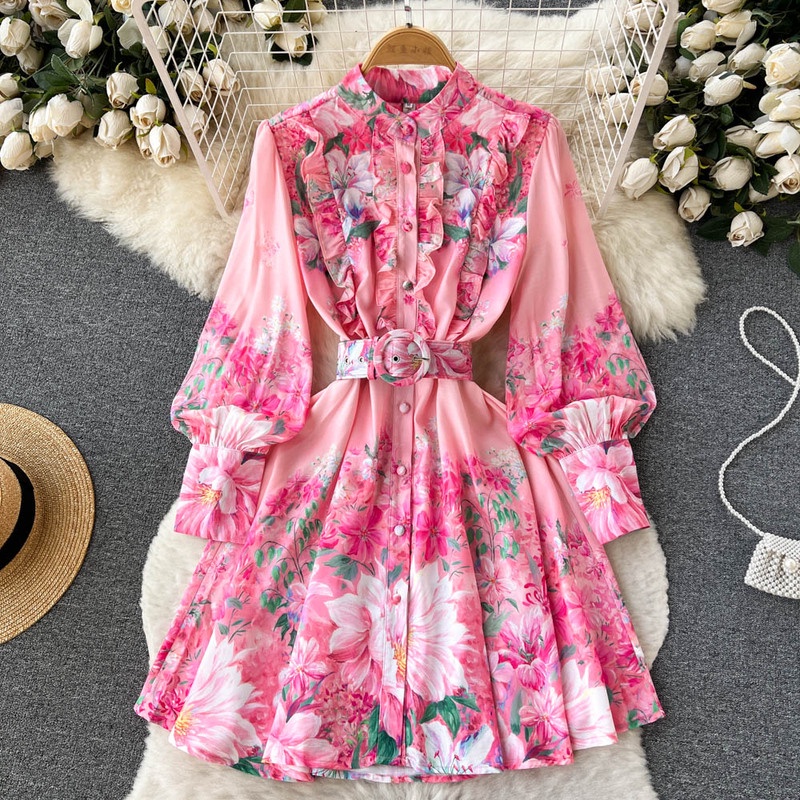 Đầm Dài Cổ Đứng Tay Phồng In Họa Tiết Hoa Phong Cách Dân Tộc Thời Trang Xuân Thu Cho Nữ