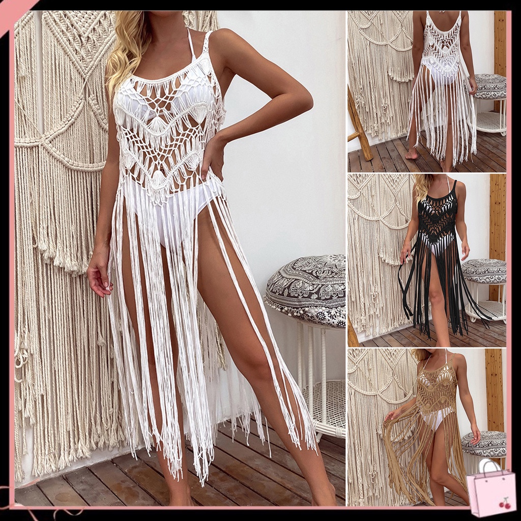 {Soltweter} Đầm Dệt Kim Tua Rua Dài Không Tay Xuyên Thấu Màu Trơn Phù Hợp Đi Biển Mùa Hè Cho Nữ