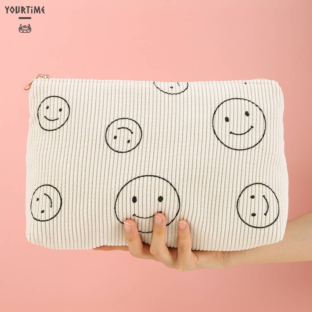 Túi Đựng Mỹ Phẩm Hai Mặt Bằng Vải Nhung Kẻ Dễ Thương Xinh Xắn
