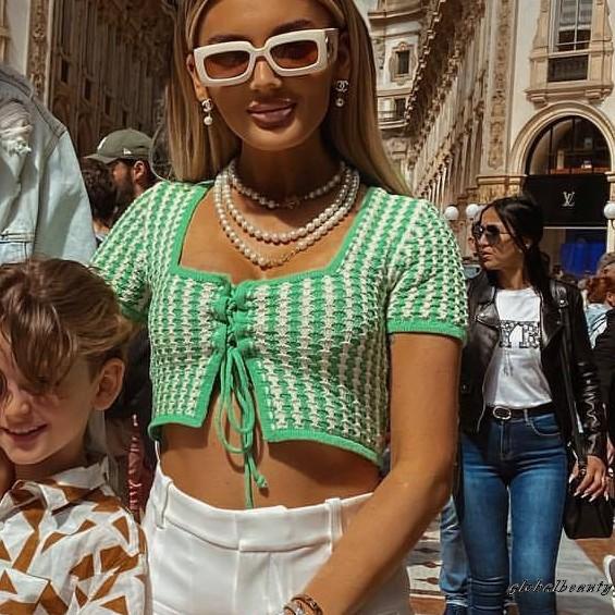 Áo Dệt Kim Ngắn Tay Cổ Vuông Họa Tiết Kẻ Sọc Với Dây Điều Chỉnh Được Thời Trang Mùa Hè Cho Nữ