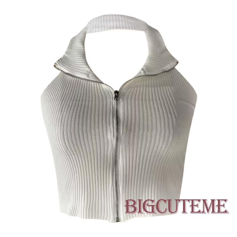 Áo Croptop Dệt Kim Màu Sắc Đơn Giản Không Tay Phối Khóa Kéo Thời Trang Mùa Hè Cho Nữ