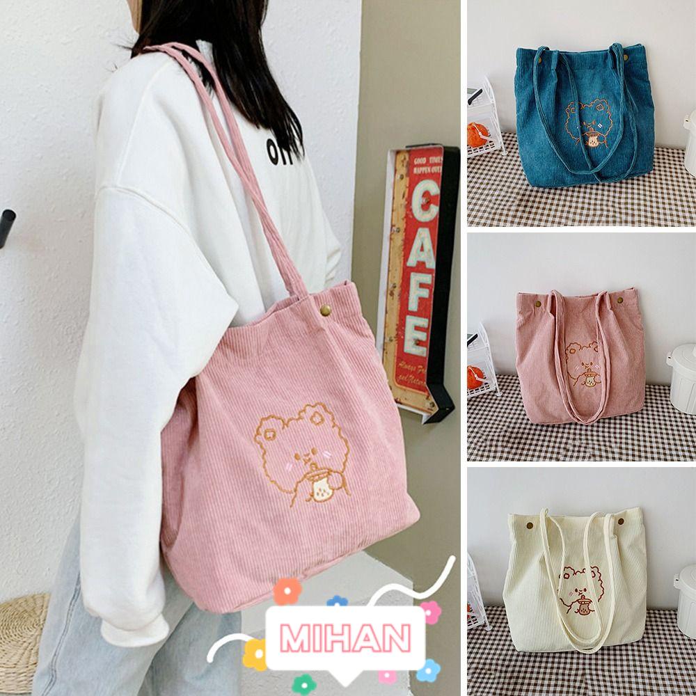 MIHAN1 Túi Tote Vải Nhung Họa Tiết Gấu Hoạt Hình Dễ Thương