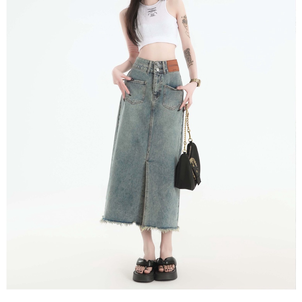 Chân Váy Jean Chữ a Lưng Cao Xẻ Tà Thời Trang Mùa Hè Phong Cách Mới Cho Nữ