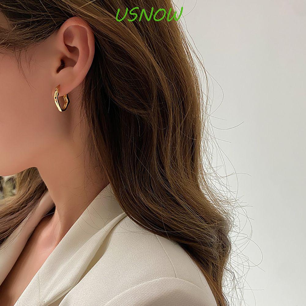 USNOW Khuyên Tai Tròn Không Đối Xứng Bằng Đồng Màu Sắc Bạc Thời Thượng Dành Cho