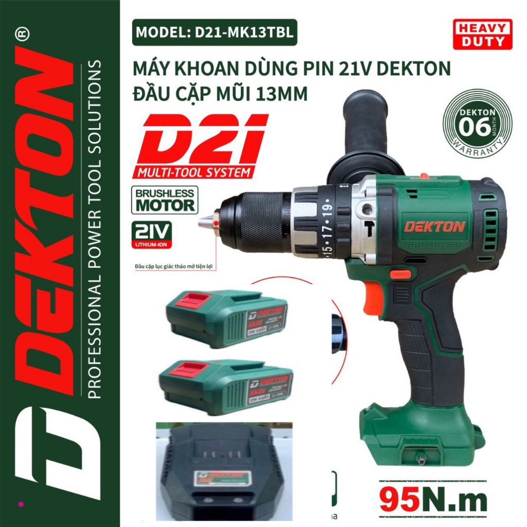 Máy Khoan 3 Chức Năng 95Nm Dùng Pin 21v D21 Dekton / D21-MK13TBL / Motor Không Chổi Than / Auto Lock 13ly