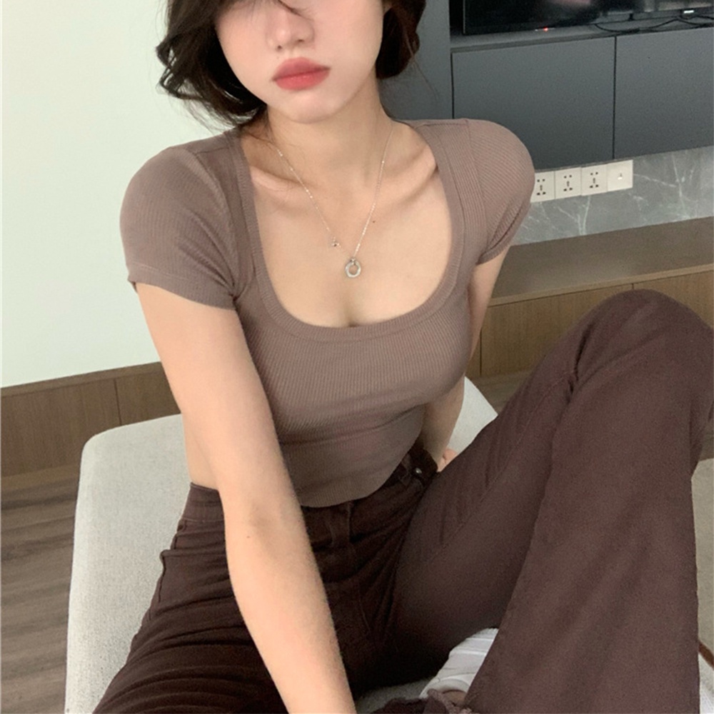 Áo Croptop Tay Ngắn Màu Trơn Thời Trang Hàn Quốc Cho Nữ