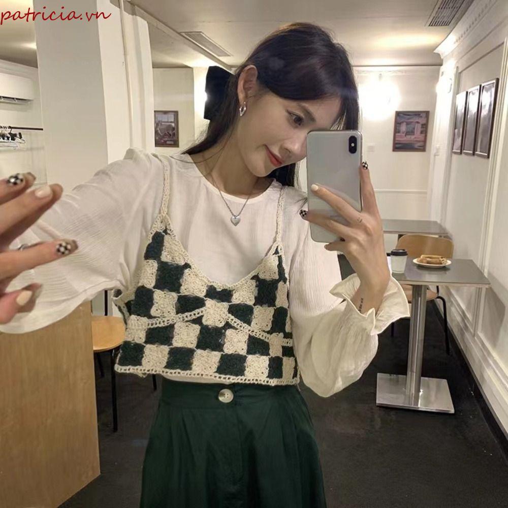 PATRICIA Áo Crop Top Không Tay Chất Liệu Cotton Họa Tiết Sọc Caro Ngọt Ngào Dễ Thương