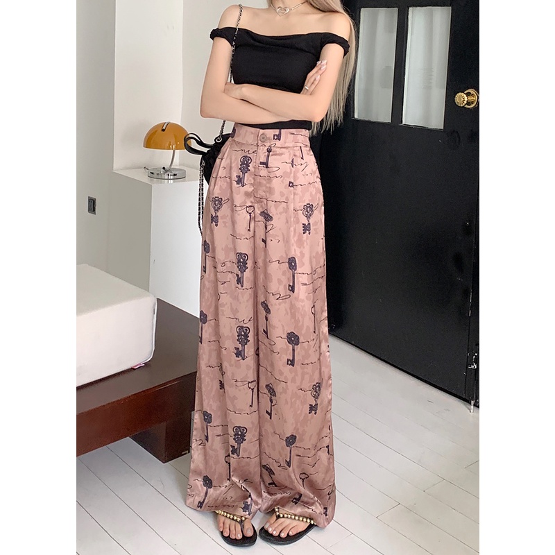 Quần Dài Vải Satin Ống Rộng Lưng Cao In Họa Tiết Vintage Thời Trang Mùa Hè Cho Nữ