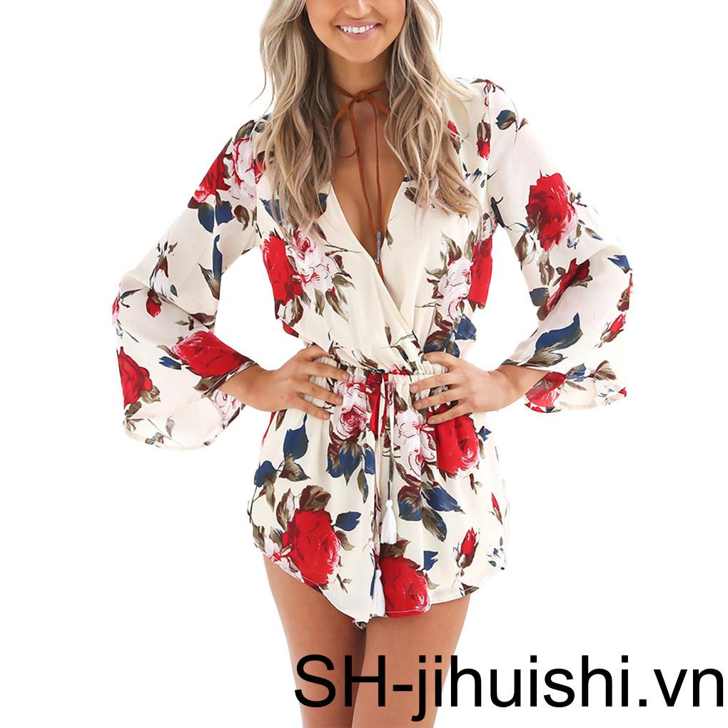 (MớI) Áo liền quần Cổ Chữ V KhoéT Sâu In Hoa DàNh Cho Nữ