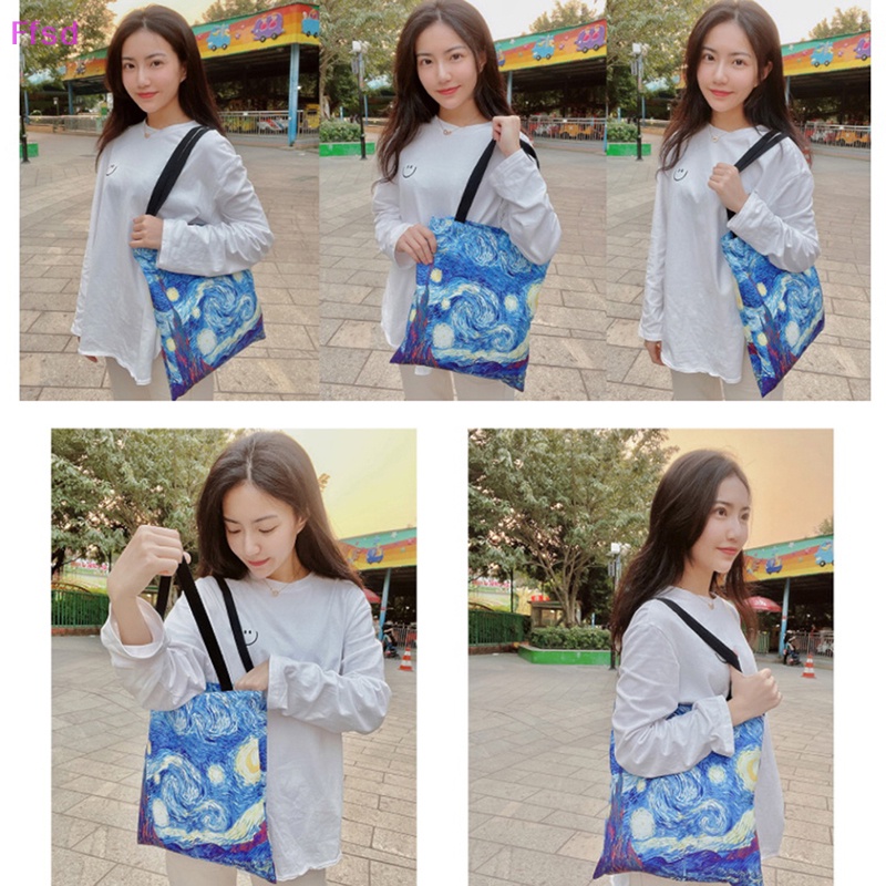 {Ffsd} Túi Tote Xách Tay Bằng Vải Canvas Dung Tích Lớn Họa Tiết Bầu Trời Sao Dầu Paing Quà Tặng *
