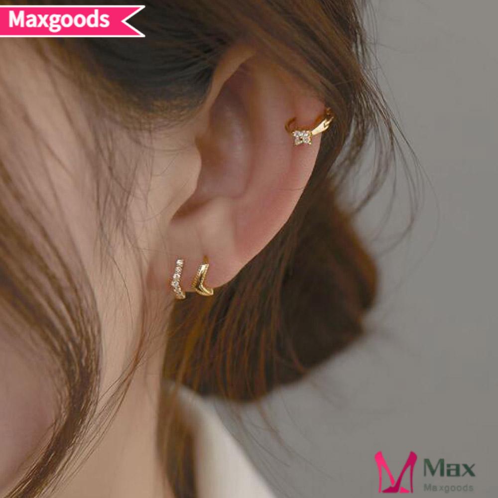 MAXG Bông Tai Tròn Nhỏ Đính Đá Sáng Bóng