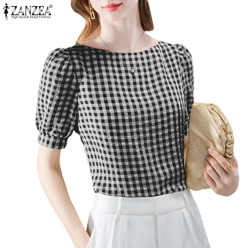 Zanzea Áo Sơ Mi Tay Ngắn Cổ Chữ O Họa Tiết Caro Phong Cách Bohemian Thời Trang Cho Nữ