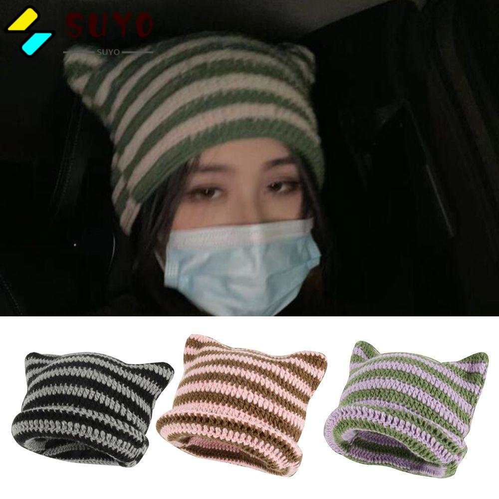SUYO Mũ Beanie Tai Mèo Họa Tiết Kẻ Sọc Dễ Thương Phong Cách Nhật Bản