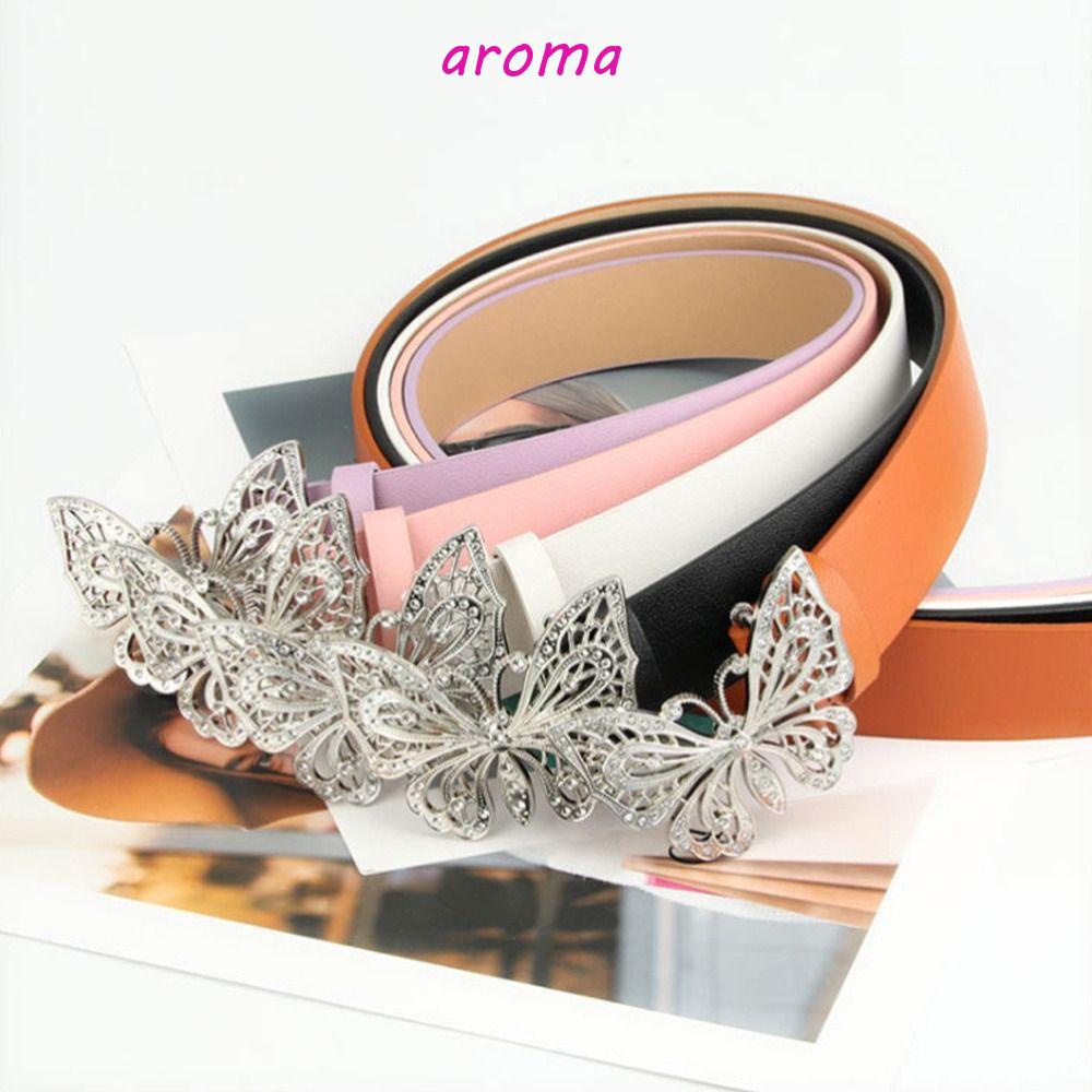 AROMA Thắt Lưng Da PU Khóa Kim Loại Hình Bướm Thời Trang Cho Nam Nữ