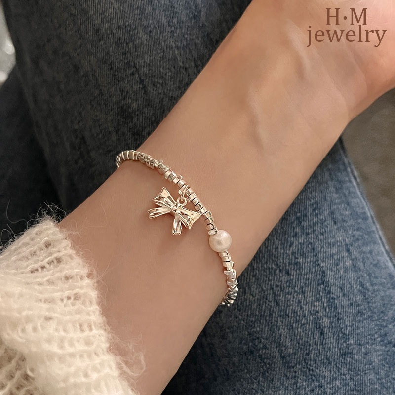 Vòng Tay Mạ Bạc 925 Hình Nơ Đính Ngọc Trai Đơn Giản Dễ Phối Đồ