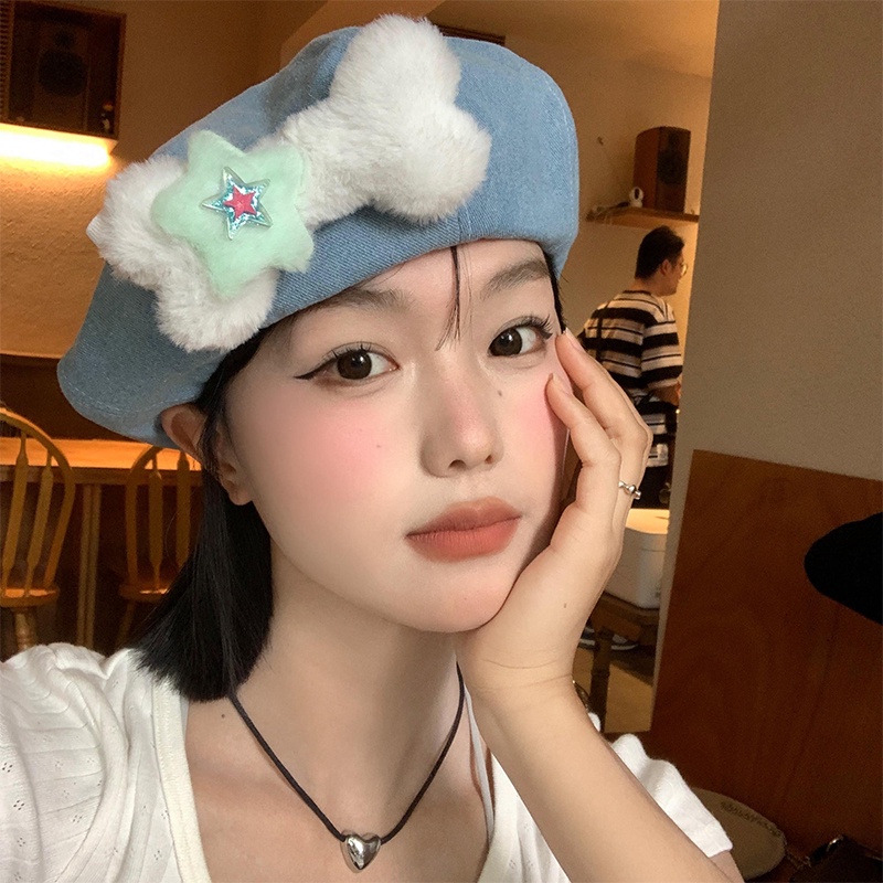 Mũ Beret Denim Họa Tiết Ngôi Sao Đám Mây Dễ Thương Xinh Xắn