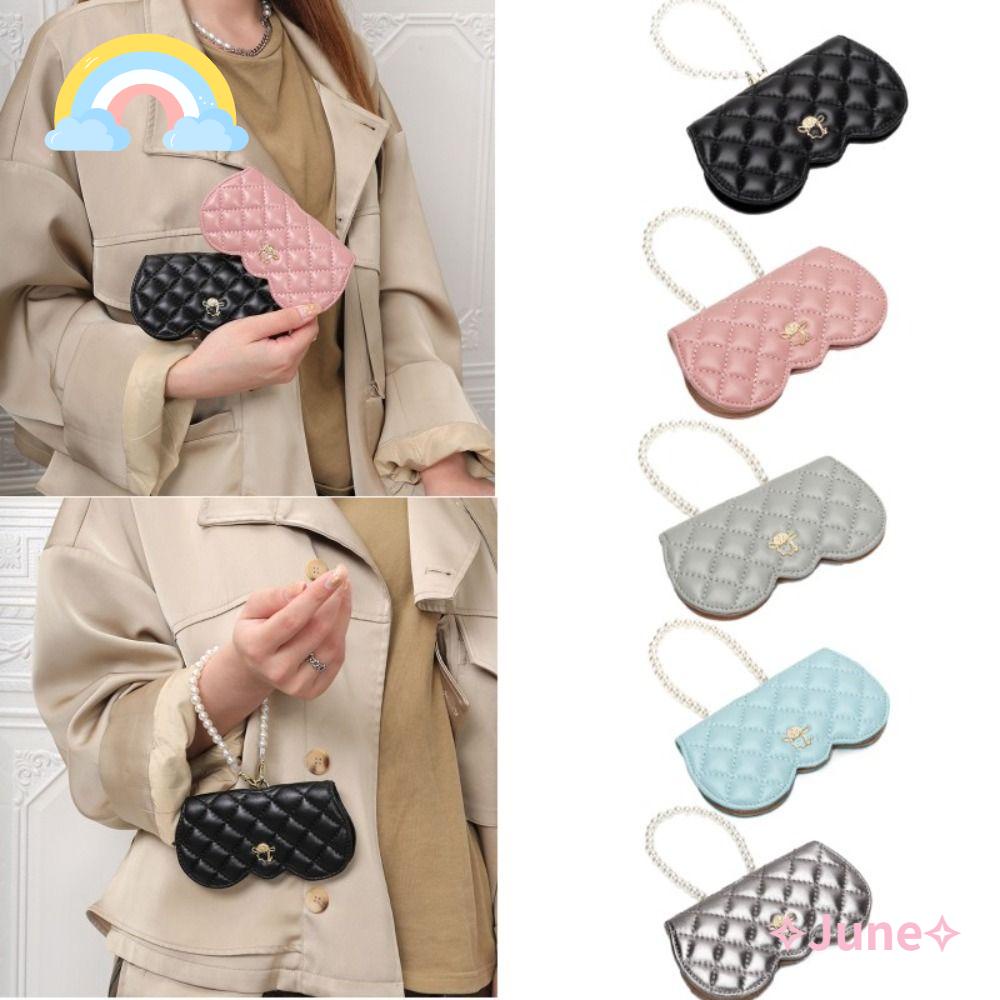 JUNE Túi Đựng Mắt Kính Bằng Da Thật Họa Tiết Gợn Sóng Có Dây Đeo Sợi Xích Siêu Dễ Thương Bảo Vệ Cho Nữ