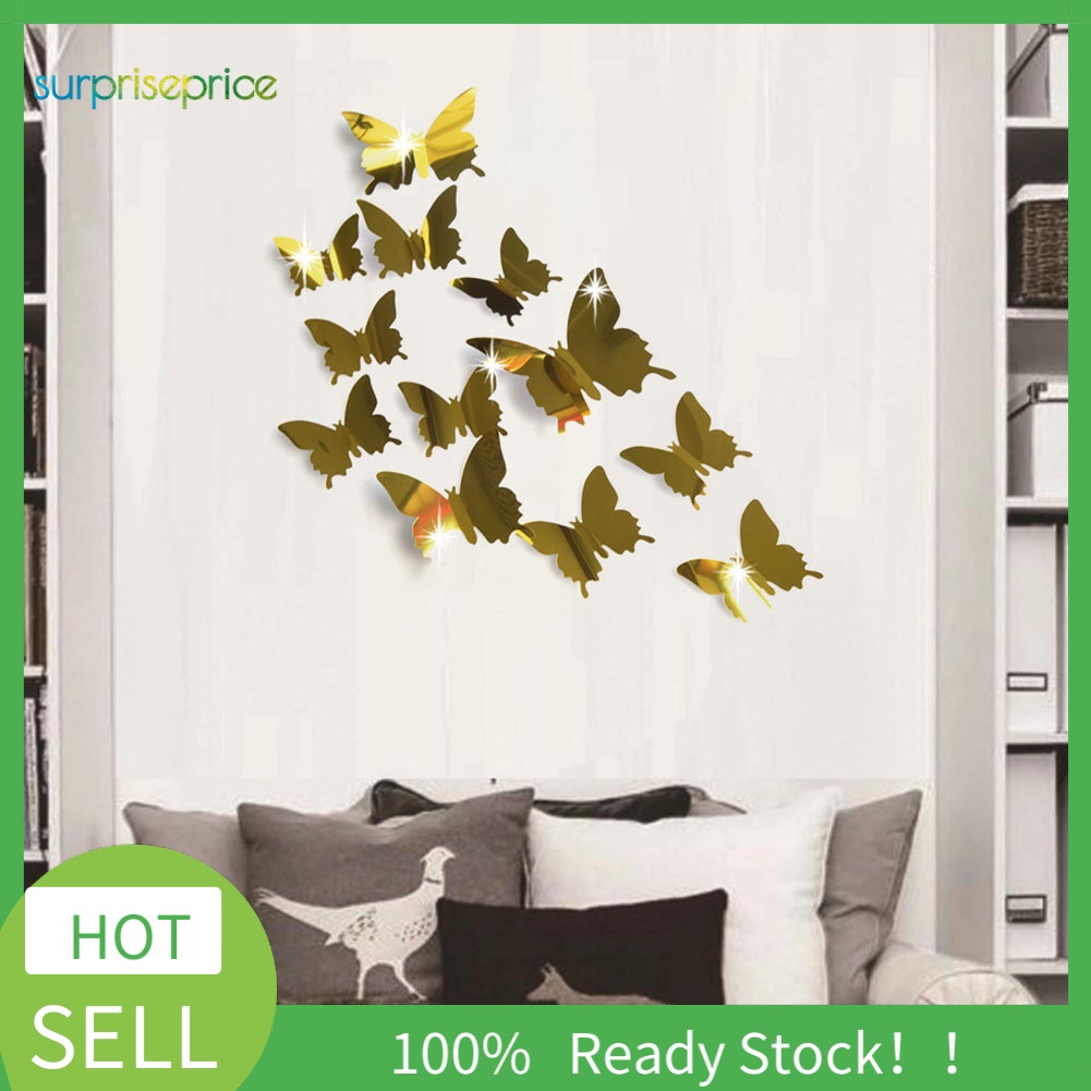 Set 12 Miếng Dán Tường Hình Bướm 3D Bằng PVC Tráng Gương Có Thể Tháo Gỡ Trang Trí Nhà Cửa DIY