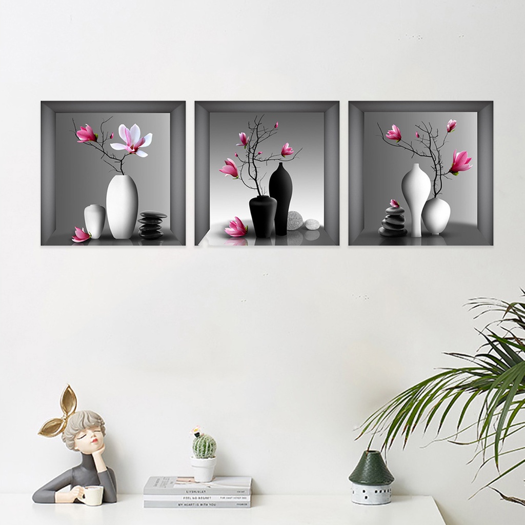 Set 3 Miếng Dán Tường Trang Trí Bằng PVC Tự Dính Hình Chậu Cây Xanh Tháo Rời Được