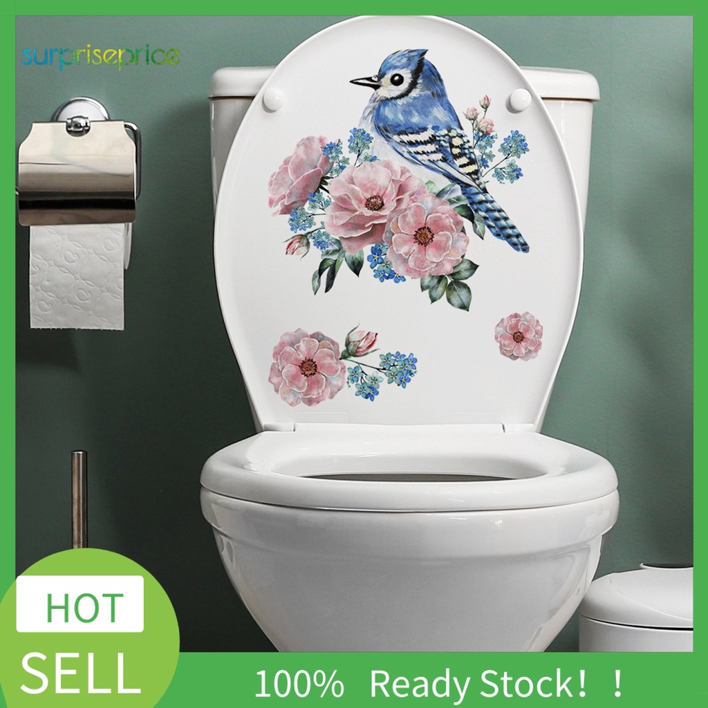Miếng Dán Trang Trí Toilet Bằng PVC Chống Thấm Nước Họa Tiết Hoa Và Chim Vẽ Tay
