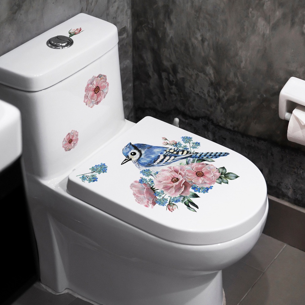 Miếng Dán Trang Trí Toilet Bằng PVC Chống Thấm Nước Họa Tiết Hoa Và Chim Vẽ Tay