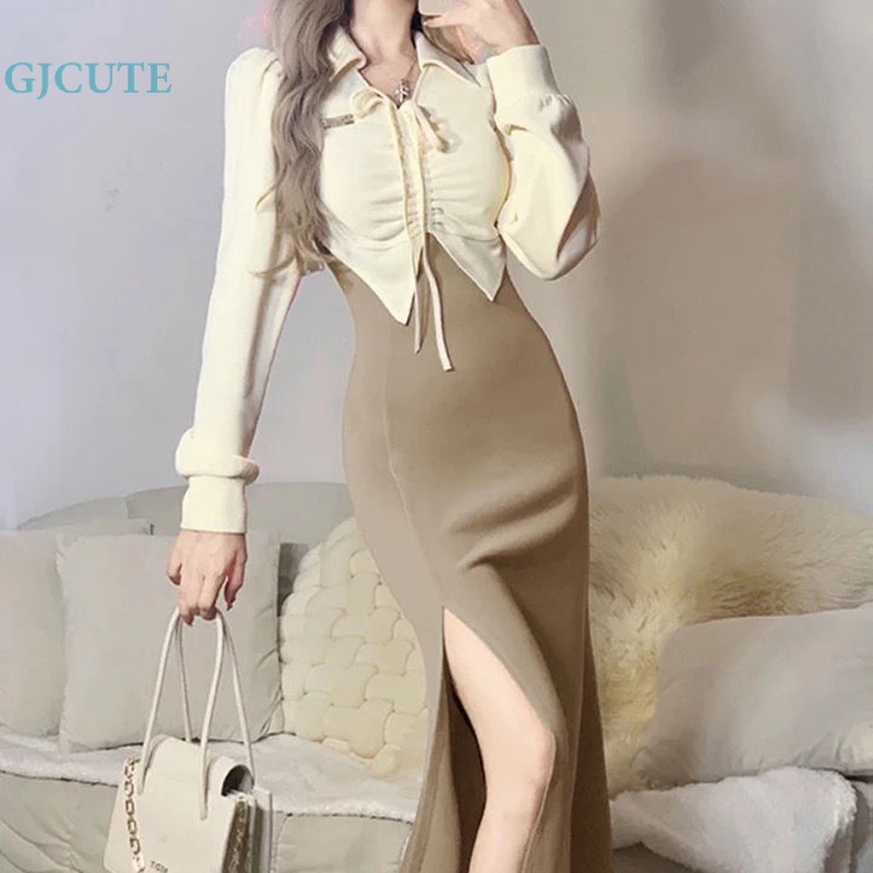 Đầm Giả Hai Lớp Cổ Chữ V Phối Màu Tương Phản Phong Cách Retro Dễ Thương Cho Nữ