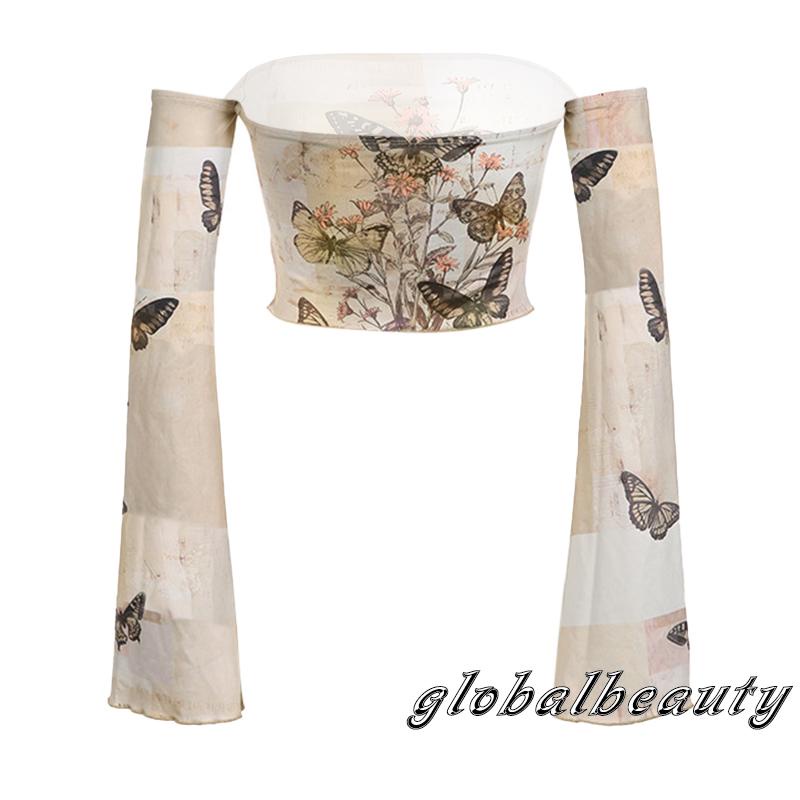 Áo Croptop Trễ Vai Tay Dài In Họa Tiết Hoa Và Bướm Thời Trang Mùa Thu Cho Nữ