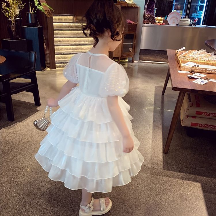 Đầm Công Chúa Tay Phồng Phối Lưới Màu Trắng Xinh Xắn Cho Bé Gái