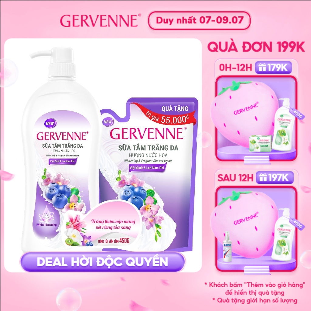 Sữa tắm trắng da Gervenne Việt Quất và Lan Nam Phi 1.2L + Túi sữa tắm 450gr (Mùi ngẫu nhiên)