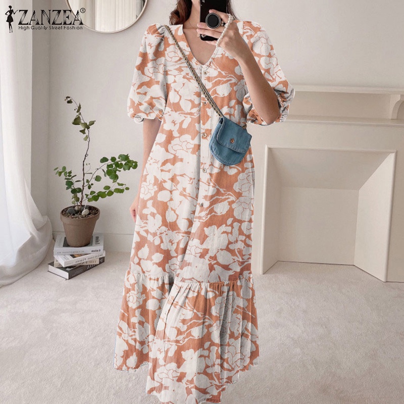 ZANZEA Đầm Tay Lửng Cổ Chữ V In Họa Tiết Thời Trang Hàn Quốc Cho Nữ