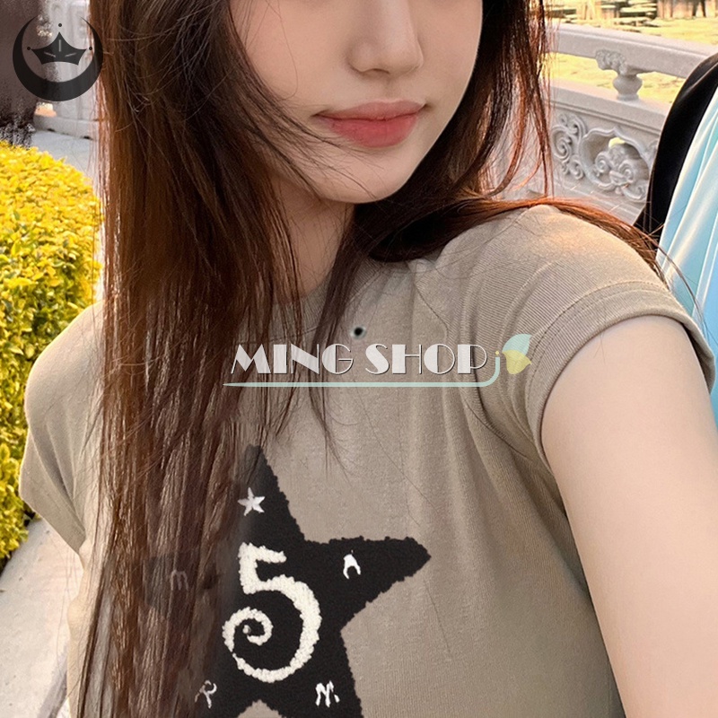 Áo Croptop Tay Ngắn Cổ Tròn Thêu Hình Ngôi Sao Y2k Thời Trang Cho Nữ