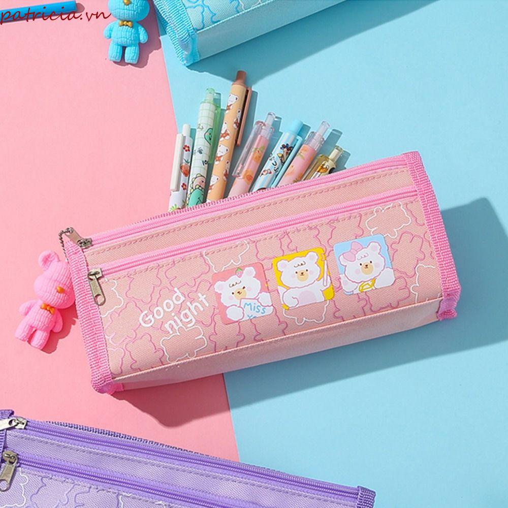 PATRICIA Túi Đựng Bút Bằng Vải Oxford Hai Lớp Họa Tiết Hoạt Hình Có Khóa Kéo Phong Cách Hàn Quốc Cho Trẻ Em