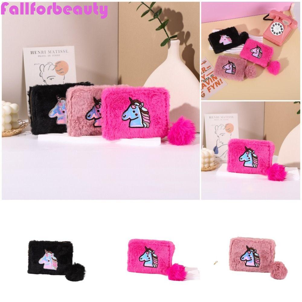 FALLFORBEAUTY Ví Đựng Tiền Xu Bằng Lông Nhung Hình Kỳ Lân Cầu Vồng Hoạt Hình Dễ Thương Có Khóa Kéo