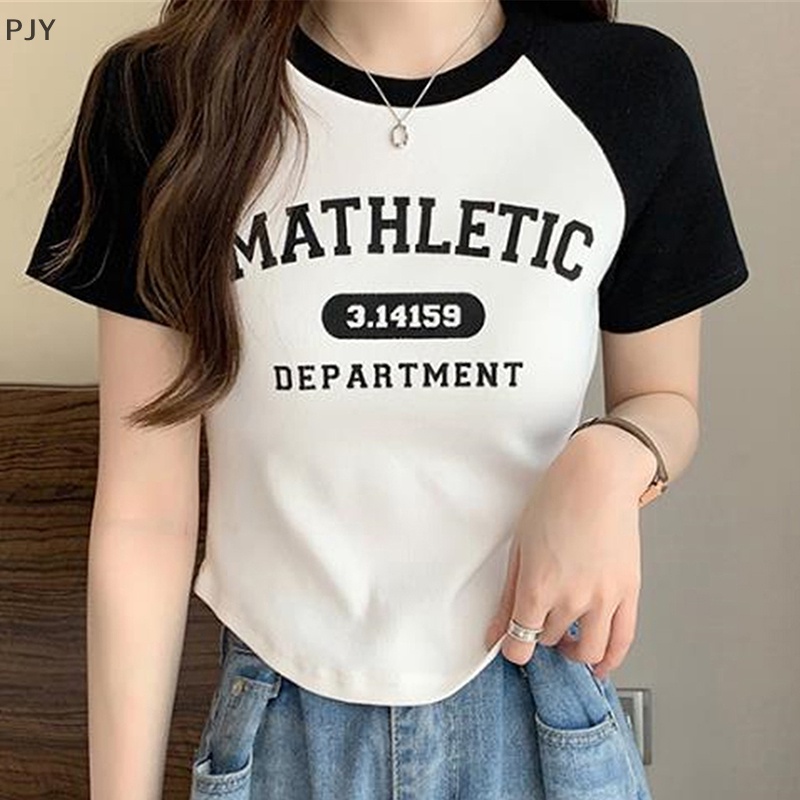 Áo Thun Tay Ngắn Cổ Tròn In Chữ Màu Sắc Tương Phản Thời Trang Mùa Hè Cho Nữ PJ