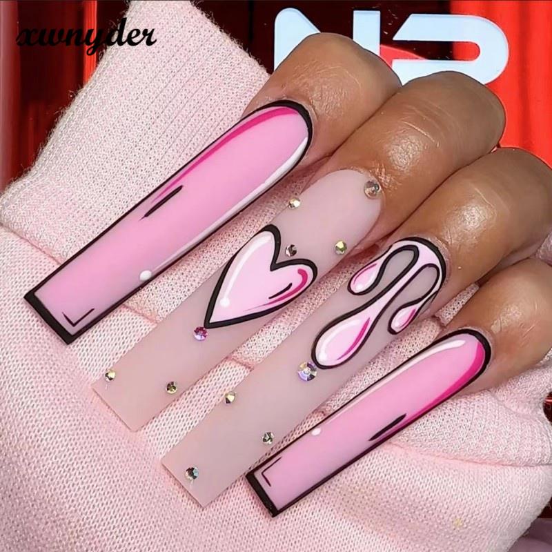 Set 24 Móng Tay Giả Dài Tháo Được 2023 Có Keo Dán Họa Tiết Anime Love Graffiti Phong Cách Pháp Ngọt Ngào Có Thể Tháo Rời