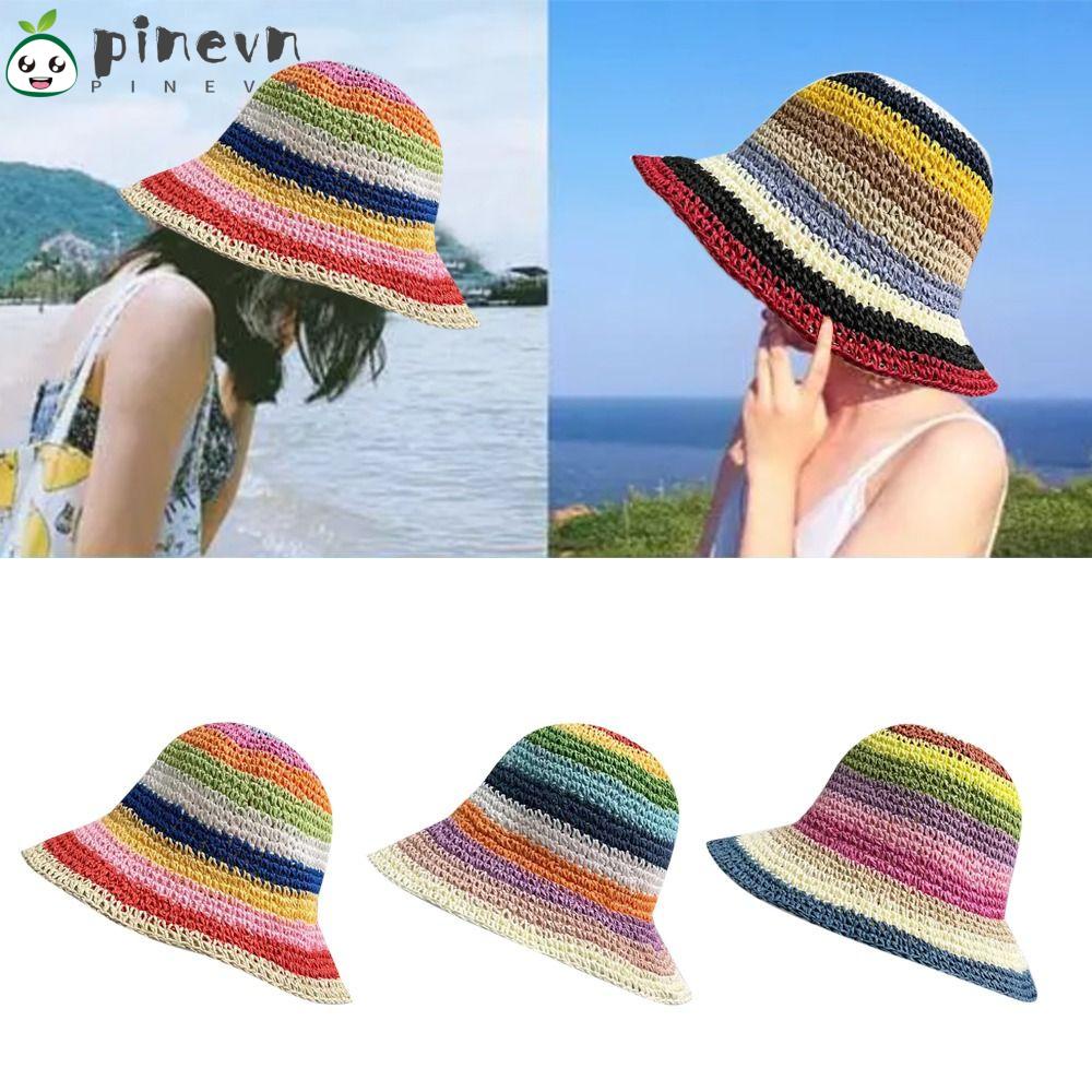 PINEVN Nón Tai Bèo Đan Cói Hở Chóp Chống Tia UV Màu Sắc Cầu Vồng Xinh Xắn Cho Nữ